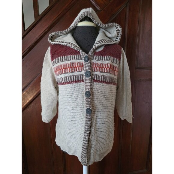 Eddie Bauer Button-Up Hooded Cardigan Sweater XL Brown Fair Isle Wool - Picture 1 of 10